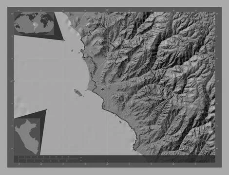 Lima Province, Peru. Bilevel elevation map with lakes and rivers Stock Illustration
