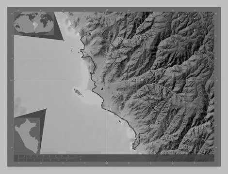 Lima Province, Peru. Grayscale elevation map with lakes and rivers Stock Illustration
