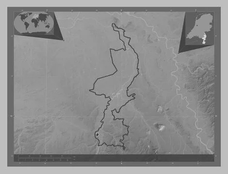 Limburg, Netherlands. Grayscale elevation map with lakes and rivers Stock Illustration