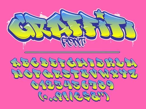 Lime and blue graffiti vector font. Capital letters, numbers and glyphs alp.. Stock Illustration
