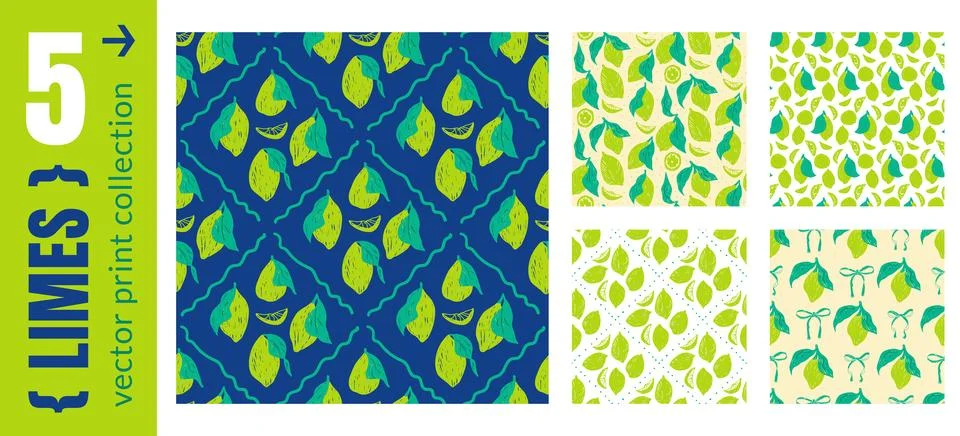 Lime and leaf seamless pattern with rhombus fruit print on navy. Crayon green Stock Illustration