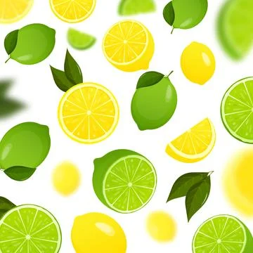 Lime and lemon background. Flying whole, half and slices of fresh lime and lemon Stock Illustration