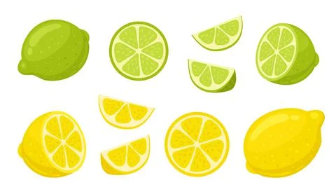 Lime and lemon cartoon vector illustration. Slices, slices, slices, cut lemon Stock Illustration