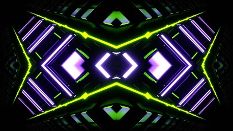 Lime and Light Purple Neon Glow Mirrored Squares Kaleidoscope Background VJ  Vídeos de archivo 335017880