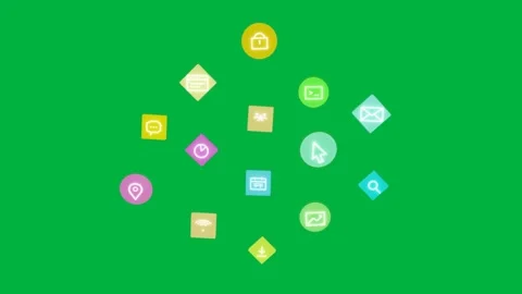 Lime diamond popping lower starting icons forming ring collapsing showing menu Stock Footage 334726998