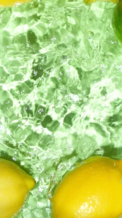 Lime falling into water with lemons, creating a splash in slow motion Stock Footage 346610911