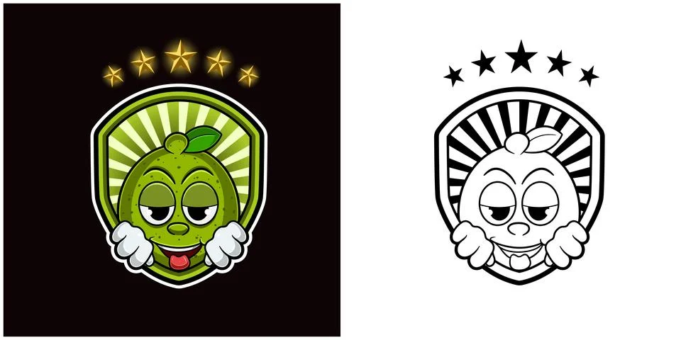 Lime Fruit Character Cartoon with High and Smiling. Badge and Stars Light. Stock Illustration