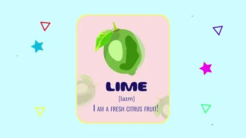 Lime fruit flashcard motion graphics animation with floating geometric shape Stock Footage 338130217