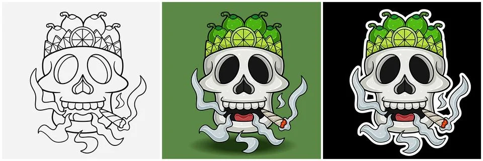 Lime Fruit Inside Skull Head With Smoking Character Cartoon. Black White, C.. Stock Illustration