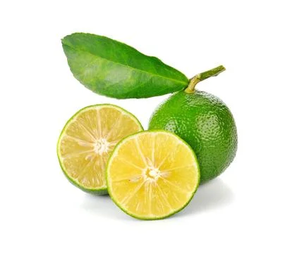 Lime fruit with leaf isolated on white background Stock Photos