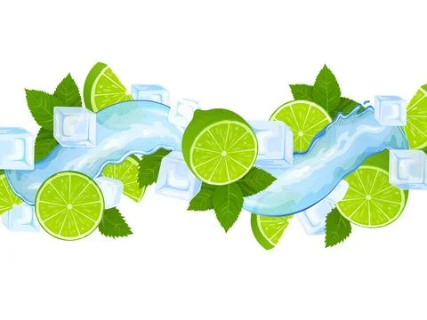 Lime fruit, mint leaves, ice cubes and splash. 3d vector beverage. Explosion 스톡 일러스트