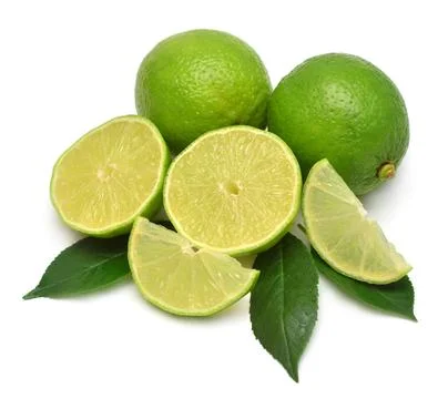 Lime fruit whole, half and slices with leaf isolated on a white background... Stock Photos