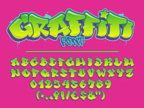 Lime graffiti vector font. Capital letters, numbers and glyphs alphabet. Stock Illustration