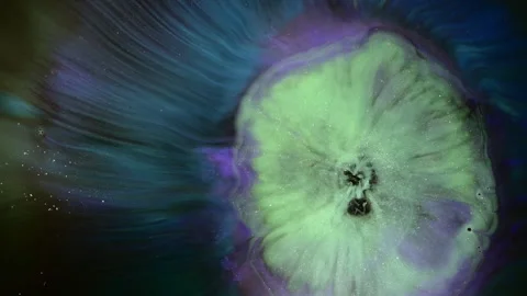 Lime Green Ink Bloom Surrounded by Blue and Violet Liquid Ripples 動画素材 346605114