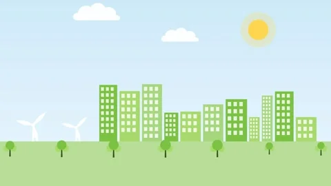 Lime green sky blue eco city skyline animation Eco Motion Background Stock Footage 346228484
