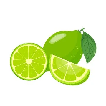 Lime icon set. Bright whole fruits, halves, slices with leaves. Healthy food Stock Illustration