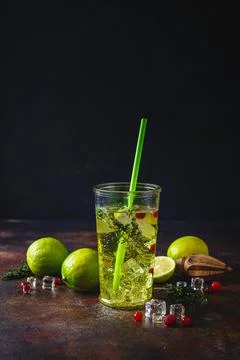 Lime Lemonade with thyme, cranberry and ice. Stock Photos