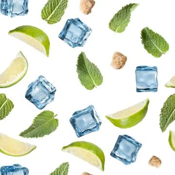 Lime, mint, sugar and ice cube on a white background. Stock Photos