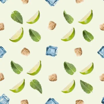 Lime, mint, sugar and ice cube on a white background. Stock Photos