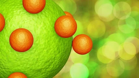 Lime peel sphere with rolling small orange spheres against green bokeh Stock Footage 204138400