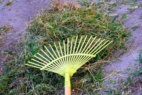 Lime plastic mop sweeping trash in the yard Stock Photos