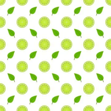 Lime seamless pattern with green leaves, slice citrus white background. Stock-Illustration