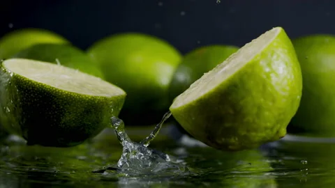 Lime slices fall into the water on yellow background Super slow-mo 1000 fps Stock Footage 163959586