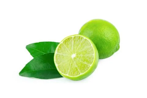 Lime with slices half and leaves isolated on white background. Green citrus f Stock Photos