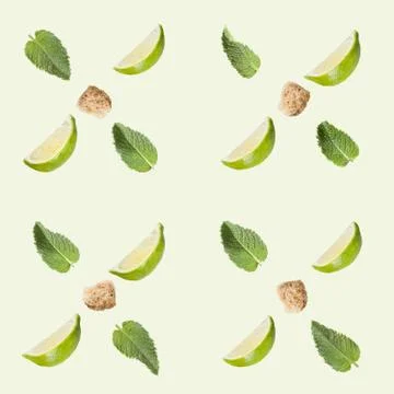 Lime, sugar and mint on a white background. Stock Photos