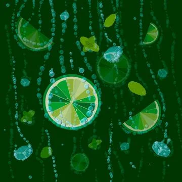 Lime,ice cubes and mint leaves on a green background. Bright citrus backgroun Stock Illustration
