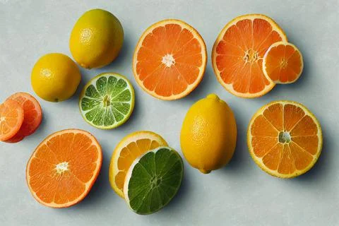 Limes, oranges and lemons on light grey background. 3d illustration Stock Illustration