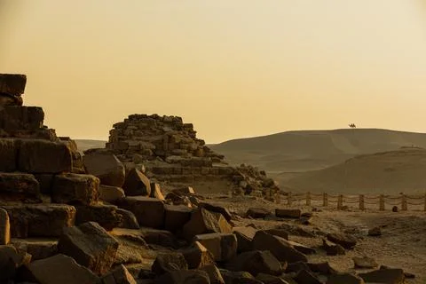 Limestone and granite blocks next to the Great Pyramid in Giza, Egypt Stock Photos