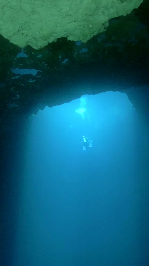 Limestone ceiling above illuminated cenote water Vidéo 341396166