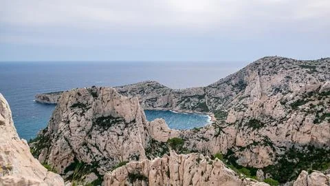 Limestone cliffs and azure waters of Calanques National Park Marseille Stock Photos