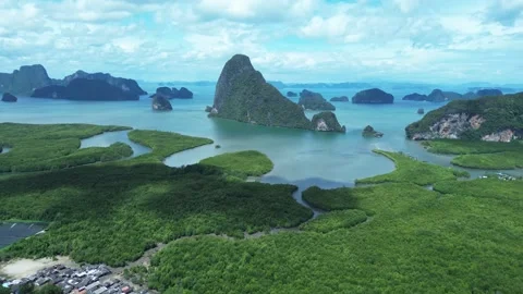 Limestone cliffs and mangrove forests in southern Thailand, as seen from a drone Video stock 258139402