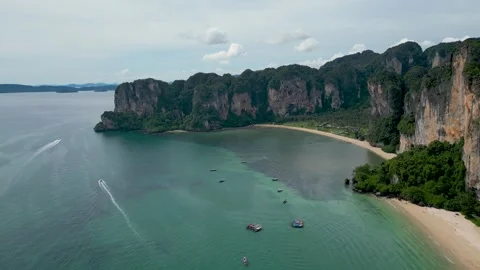 Limestone cliffs and sea at Railay beach, Krabi, Thailand Stock Footage 320758874