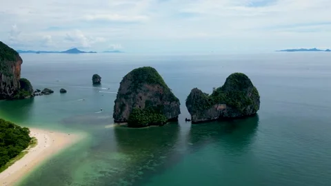 Limestone cliffs and sea at Railay beach, Krabi, Thailand Stock Footage 320758878