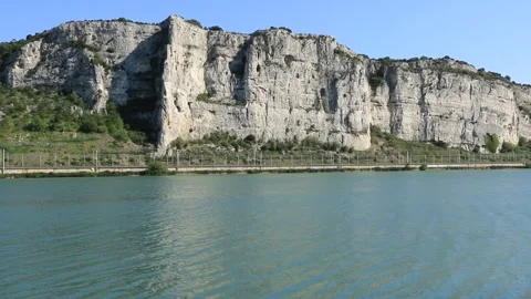 Limestone cliffs bordering the Rhone near Donzère.France. Stock Footage 202310233