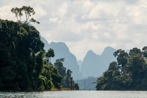 Limestone Cliffs covered in green forest in Khao Sok, Thailand Stock Photos