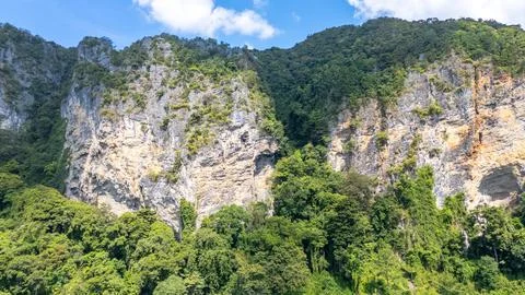 Limestone Cliffs at Pai Plong Beach Krabi Thailand aerial view Stock Photos