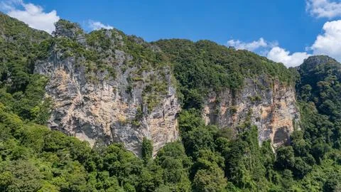 Limestone Cliffs at Pai Plong Beach Krabi Thailand aerial view Stock Photos