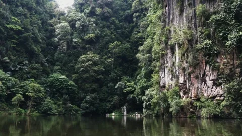 Limestone cliffs reflecting in Tasik Cermin lake, Ipoh, Malaysia Видео 336558243