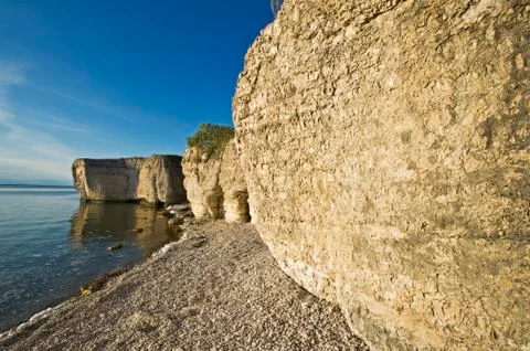 Limestone cliffs, Steep Rock, along Lake Manitoba, Manitoba, Canada Stock Photos