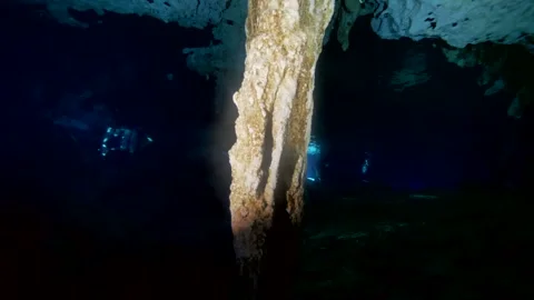 Limestone column with surface reflection inside cave Video stock 331797242