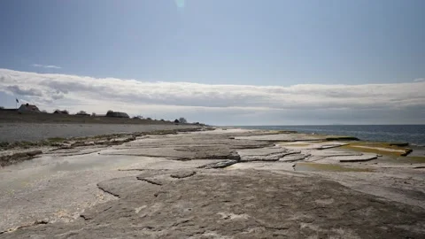 Limestone Formations at beach in Oland Island, Sweden, Sunny Fresh Spring Day Stock Footage 209559539