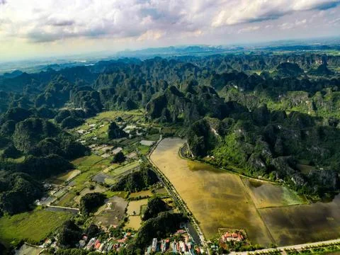 Limestone Karst Landscape Green Fields Village Ninh Binh Stock Photos