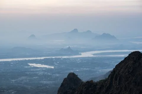 Limestone karst mountains around Hpa An, seen from Mount Zwegabin at sunset, Stock Photos