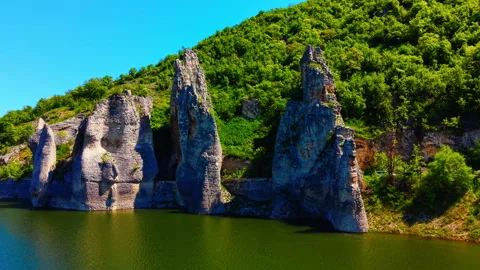 Limestone pillars at riverside, Bulgaria Stock Footage 337204639