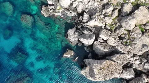 Limestone rocks jagged coastline malta turquoise water reef patterns visible Stock Footage 343594120