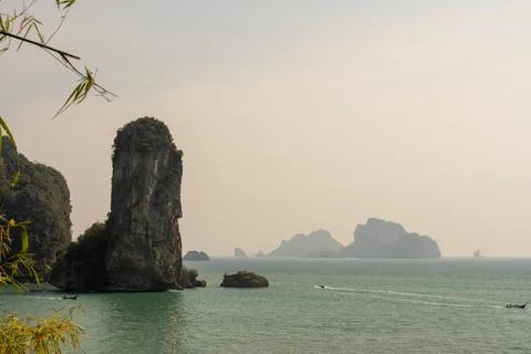 Limestone sea stack and islands near Ao Nang Beach 库存照片